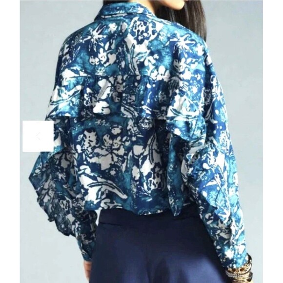 Pilcro Anthropologie Blue Floral Batik Crop Button Up Blouse Ruffles Sz Medium - Picture 4 of 11
